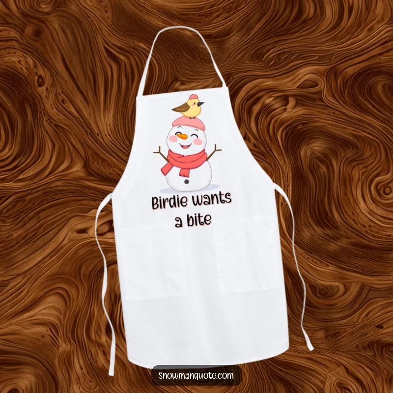 Funny Apron: A smiling snowman looks surprised as a bird pecks its hat, adding a touch of whimsical humor to cooking.