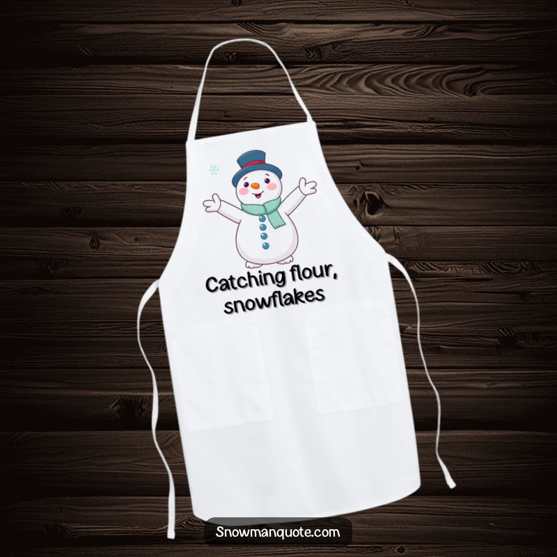 Funny snowman with outstretched arms embracing a falling snowflake, featured on a kitchen apron, perfect for cooking with peace.