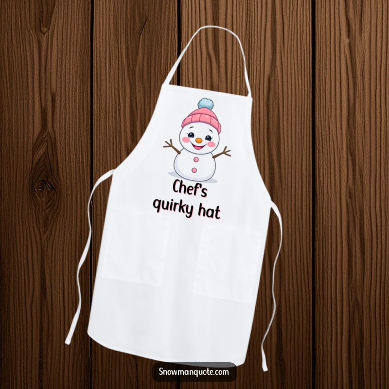 Funny chef's apron showcasing a grinning snowman with a lopsided hat, ready for kitchen smiles.