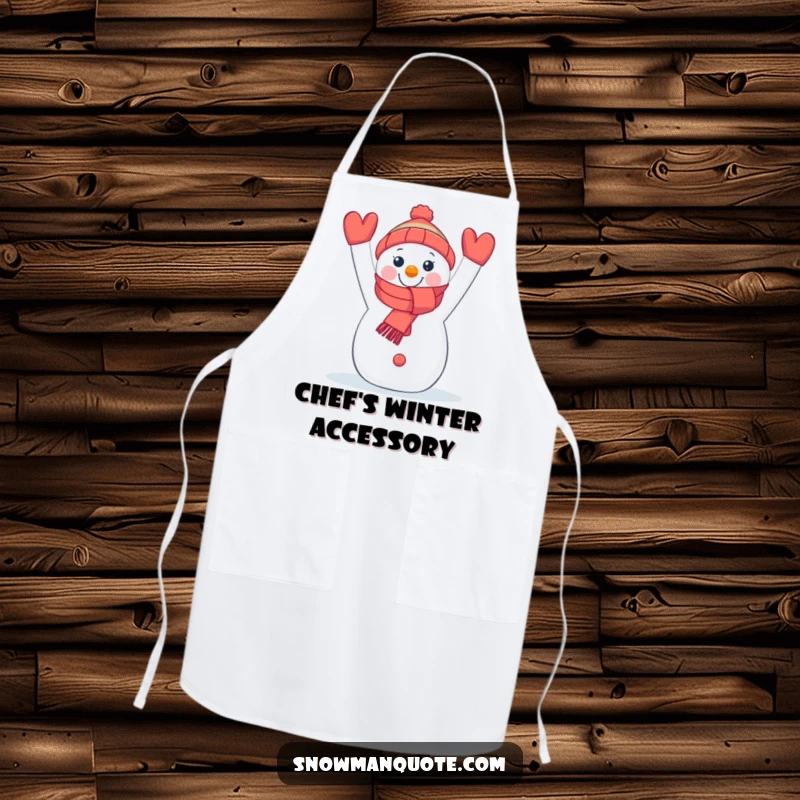 Funny chef's apron showcasing a cheerful snowman holding a vibrant scarf, ready for kitchen fun.