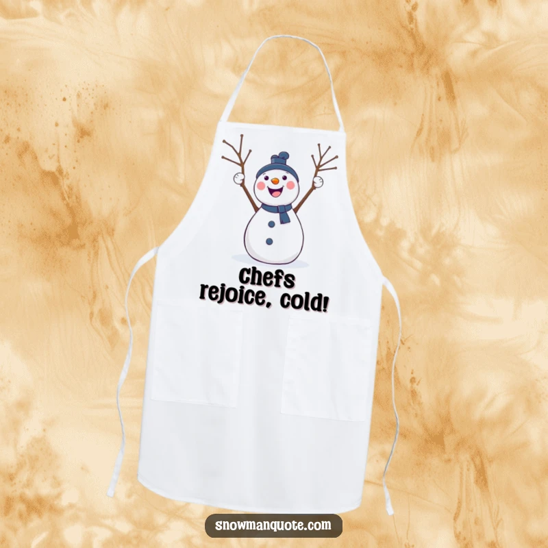Funny kitchen apron showcasing a happy snowman cheering with twig arms in the air, adding a dose of festive fun to cooking.