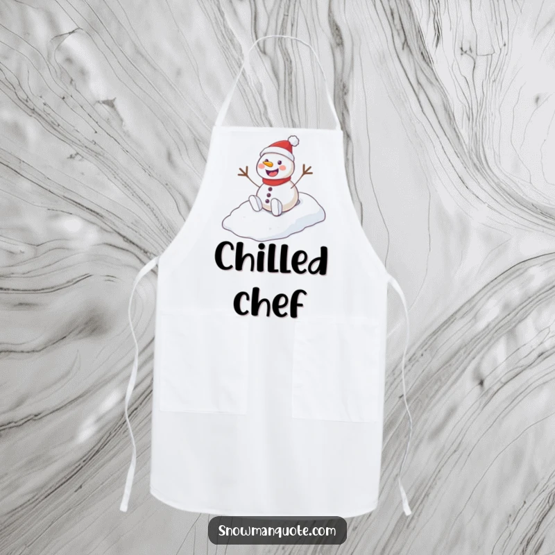 Funny Playful Snowman Hill Apron showing a cheerful snowman sliding down a snowy hill with a joyful whoop, perfect for winter cooking.