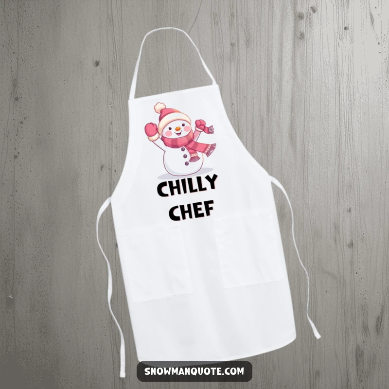 Funny snowman banner apron depicting a cheerful winter character waving a banner from its scarf, designed for kitchen use with humorous holiday flair.