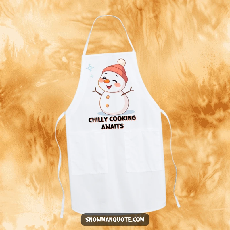 Funny Snowman Apron: A cheerful snowman with carrot nose winks playfully at a falling snowflake, bringing humor to your kitchen.