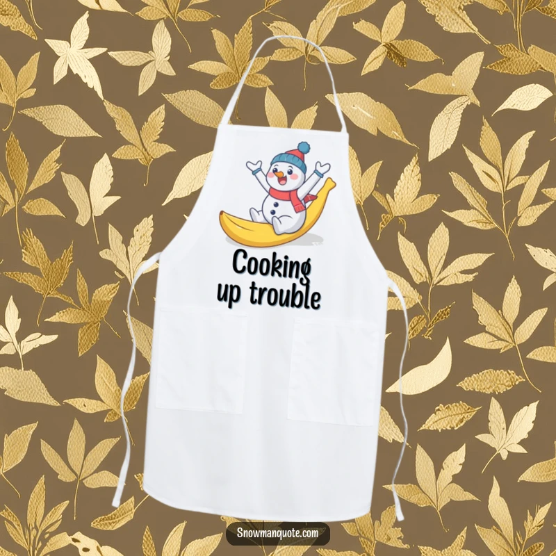 Funny snowman comically slipping on a banana peel, arms flailing, a humorous apron for the kitchen, embracing winter cooking fun.