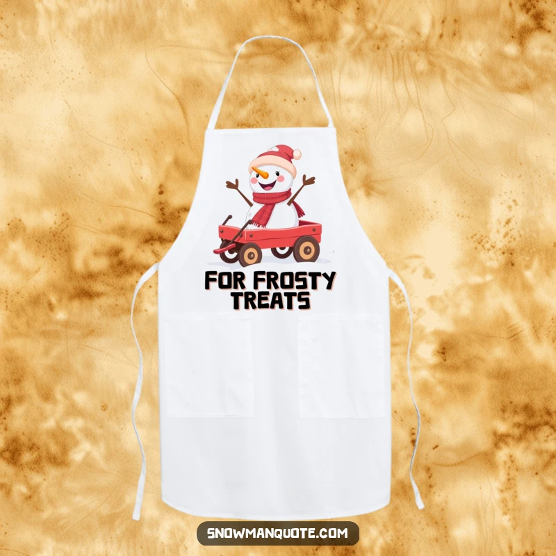Funny snowman apron with a cheerful snowman on a red wagon, bringing humor to kitchen tasks.