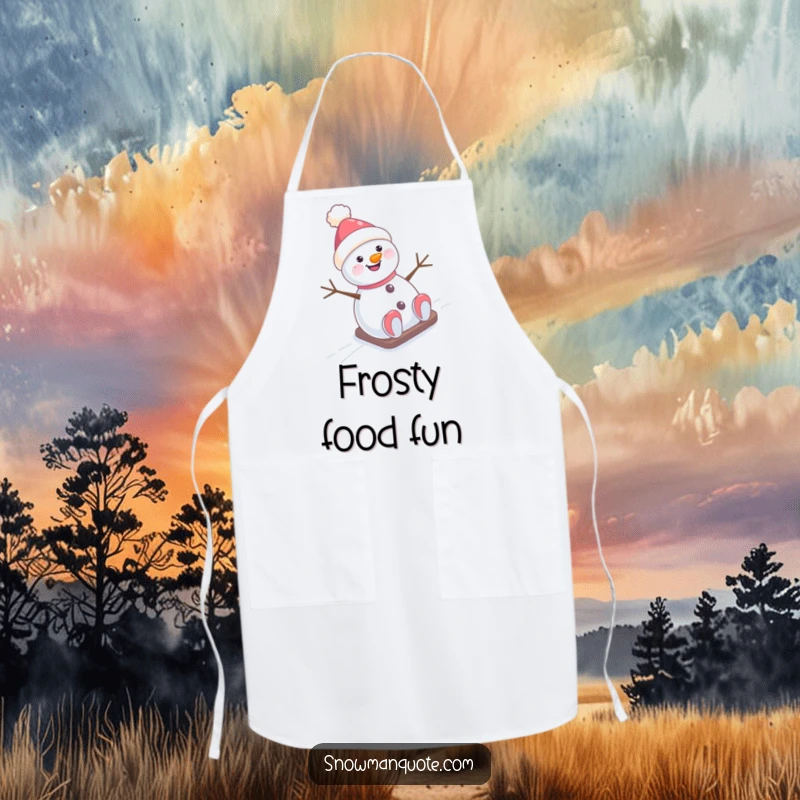 Funny Apron: A joyful snowman with a tilted hat gleefully slides down a snowy hill, bringing humor to the kitchen.
