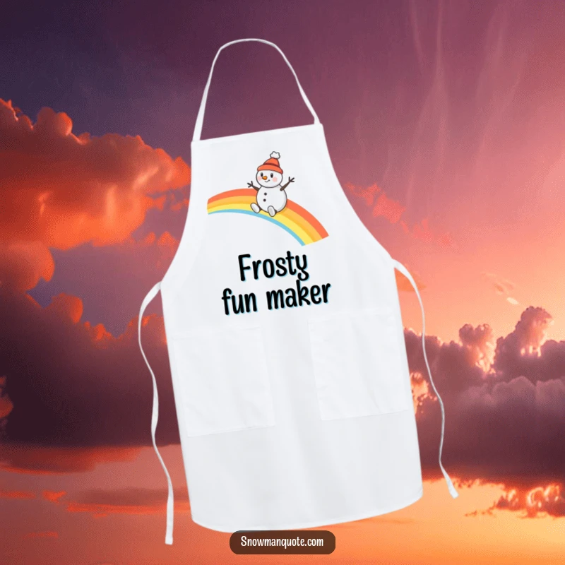 Funny snowman apron, wearing a tiny hat, joyfully sledding down a rainbow, adding humor to cooking tasks.