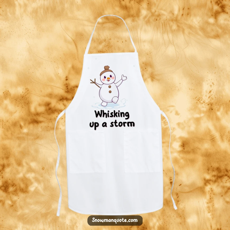 Funny dancing snowman apron, twig arms waving, kicking up a snow swirl, perfect for adding humorous winter vibes to cooking.