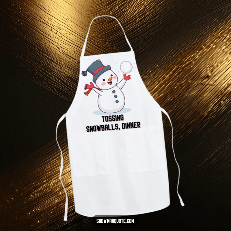 Funny snowman with a grin throwing a snowball, featured on a kitchen apron, perfect for cooking with winter cheer.