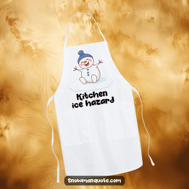Funny chef's apron showcasing a snowman comically slipping on ice, ready for kitchen comedy.