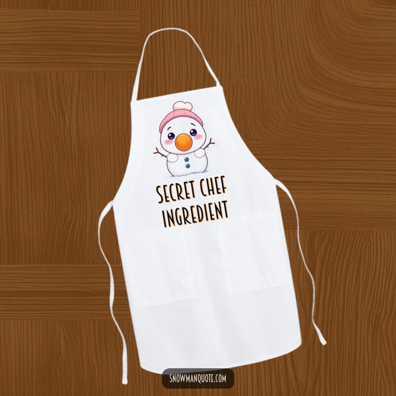 Funny kitchen apron with a shy snowman peeking from behind a giant carrot nose, designed for cooks who love winter charm.