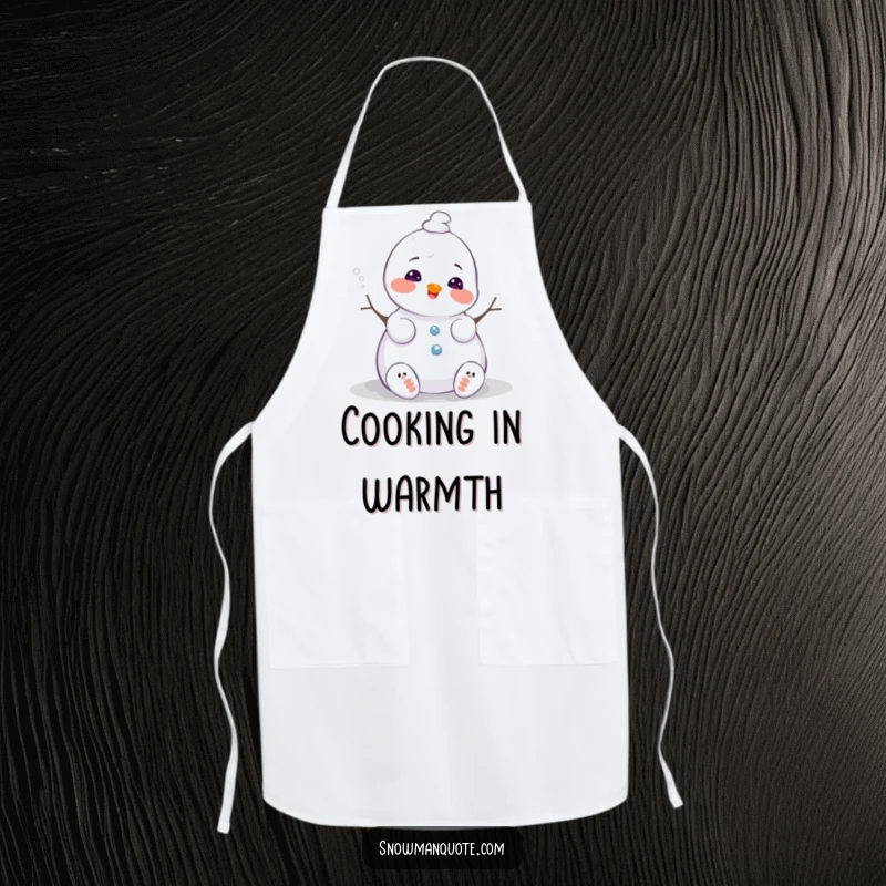 Funny snowman apron for chefs, melting slightly with a happy sigh, a whimsical and practical kitchen accessory for adding winter fun, a great gift.