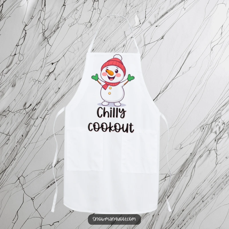 A cheerful snowman with a carrot nose dancing with its arms, ready to cook. A protective apron.