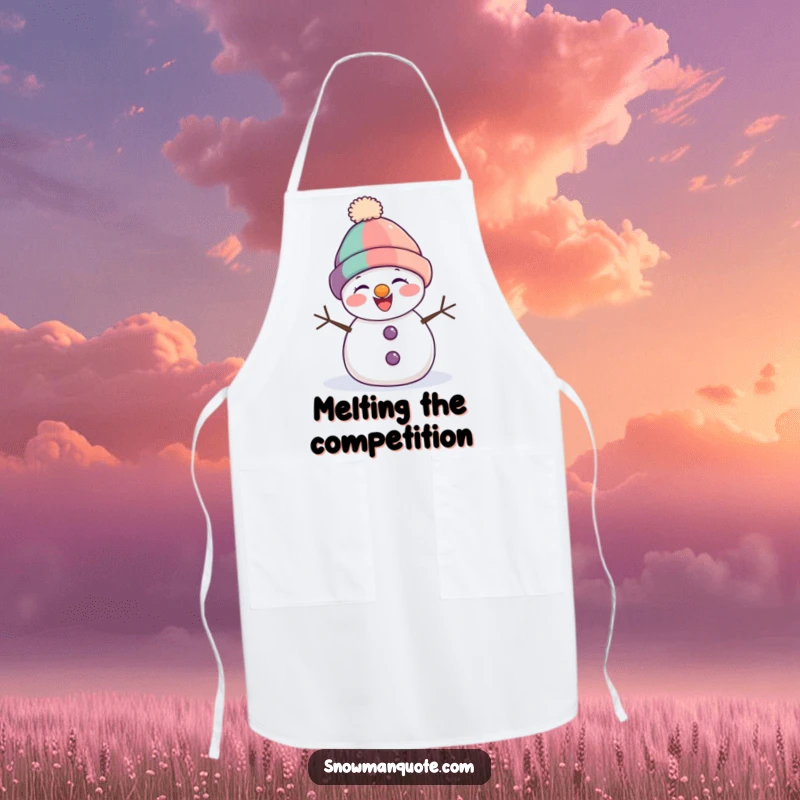 Funny snowman apron showing a snowman in a lopsided hat, chuckling merrily while ready for kitchen duty.