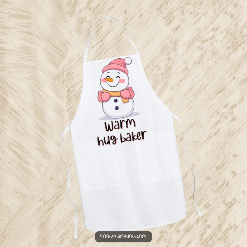 Funny smiling snowman offering a warm hug with his gloved arms, featured on a functional and humorous kitchen apron.