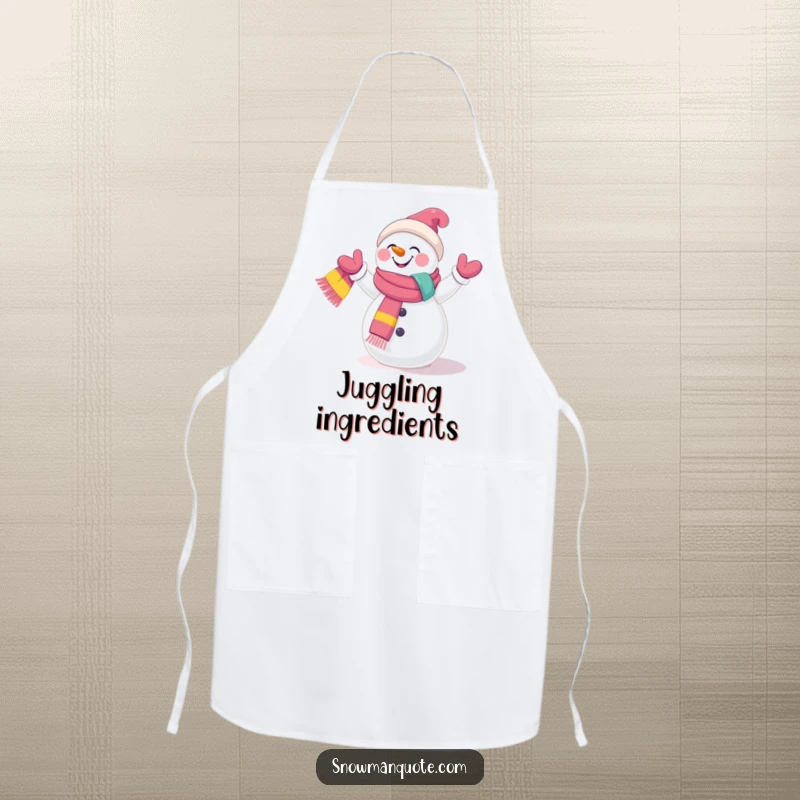 Funny Apron: A giggling snowman juggling colorful scarves, ready to protect your clothes while you cook with a smile.