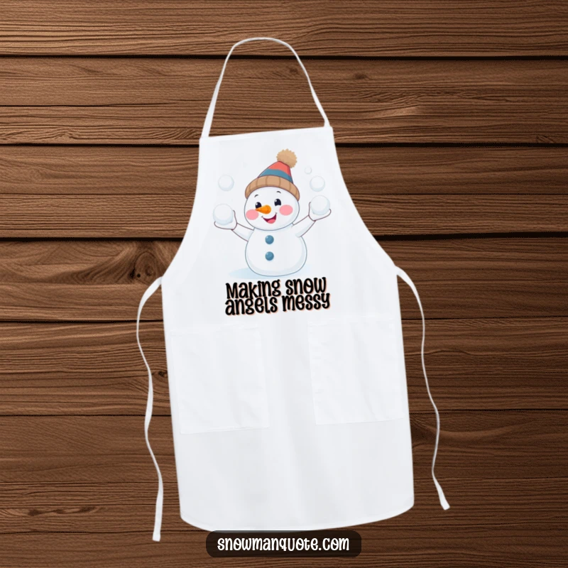 Funny snowman juggling apron, smiling with a carrot nose, perfect for hilarious cooking sessions, great gift.