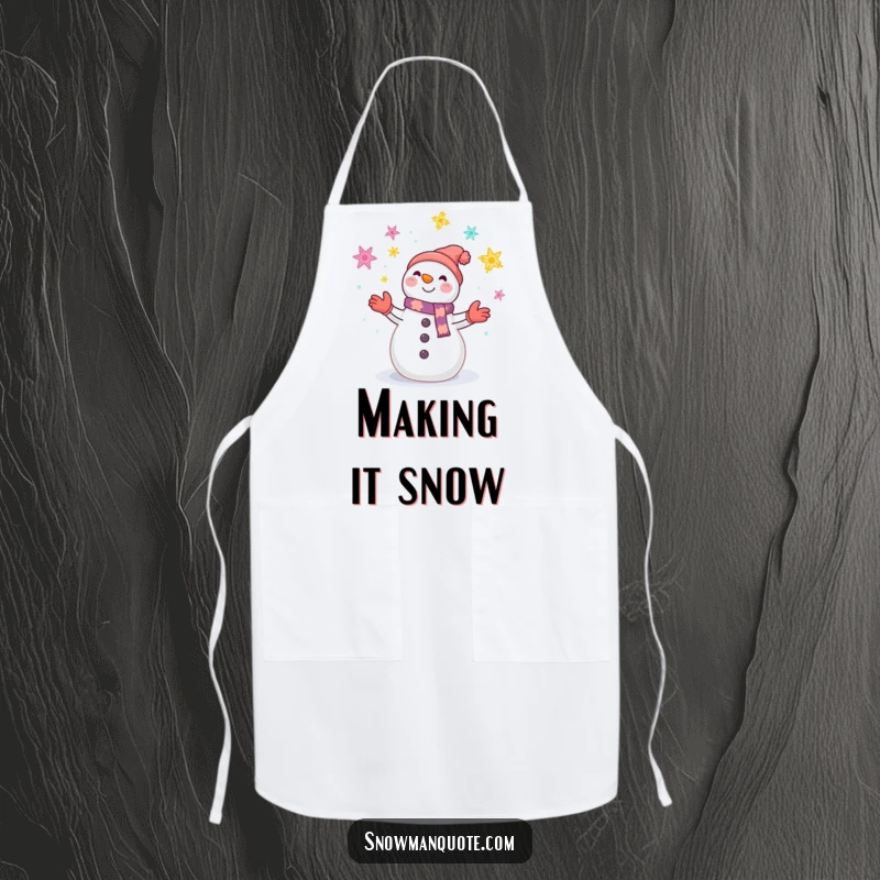 Funny kitchen apron with a smiling snowman juggling colorful snowflakes, designed for cooks who love winter fun.