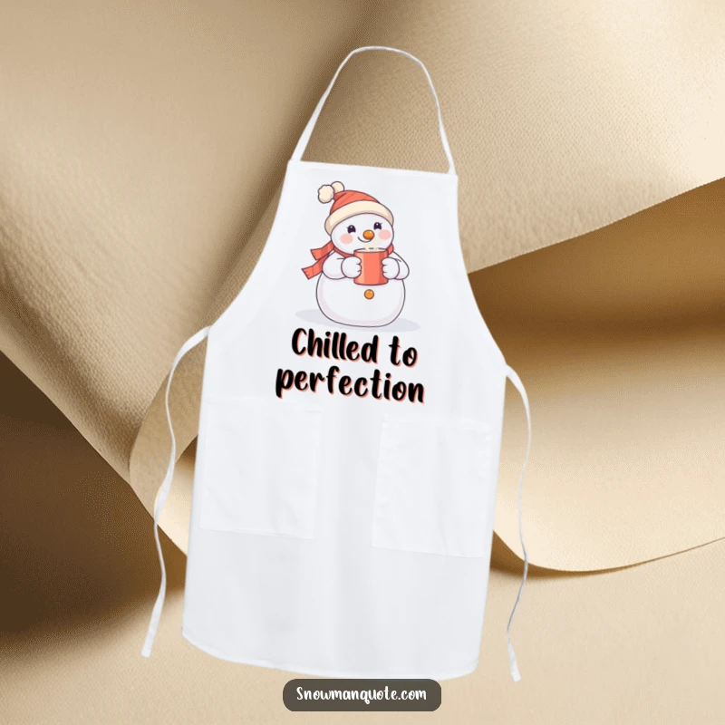 Funny snowman apron featuring a happy snowman holding a hot mug, perfect for whimsical kitchen wear and gifting.