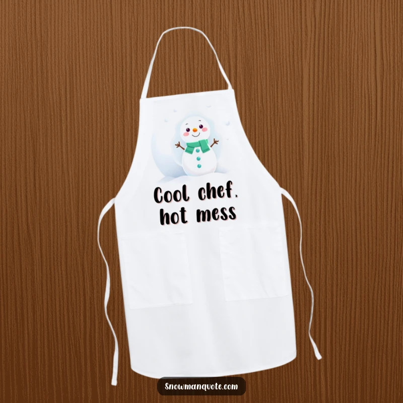Funny Snowman Apron: A snowman wears an apron, playfully peeking from behind a large snowball.