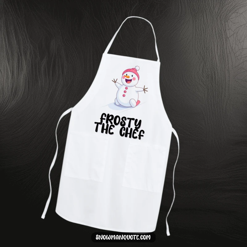 Funny cheerful snowman rolling energetically down a snowy hill, a humorous and practical kitchen apron.