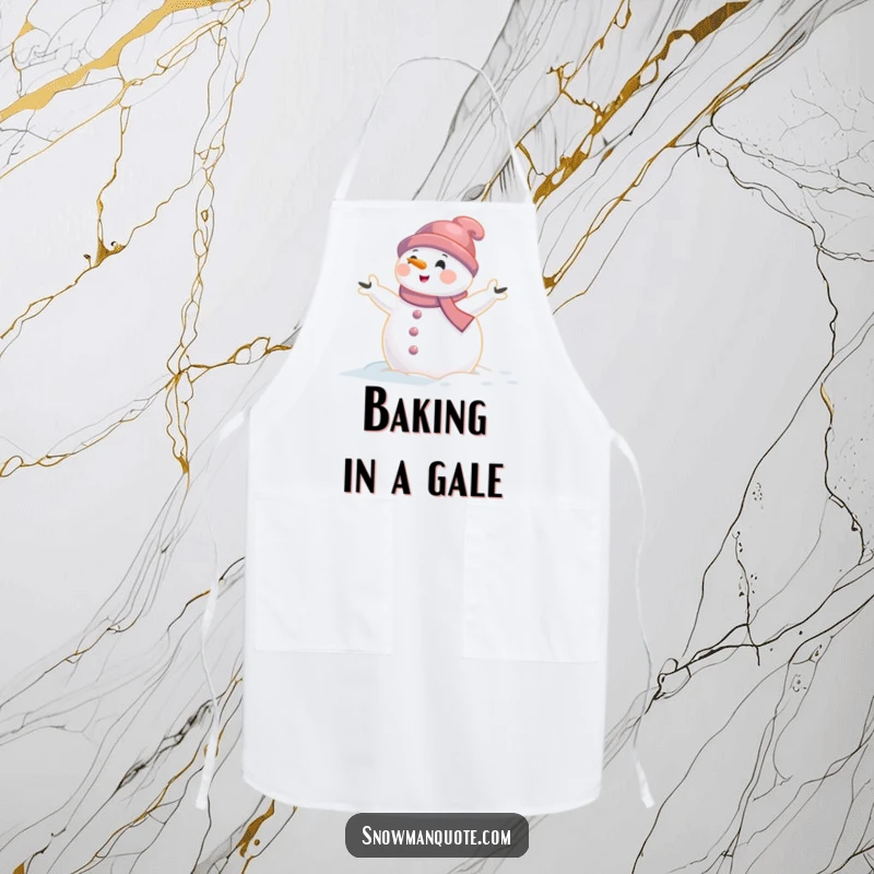 Funny snowman apron showing a snowman caught in a gentle wind gust with arms aflutter, perfect for kitchen tasks and humorous flair.