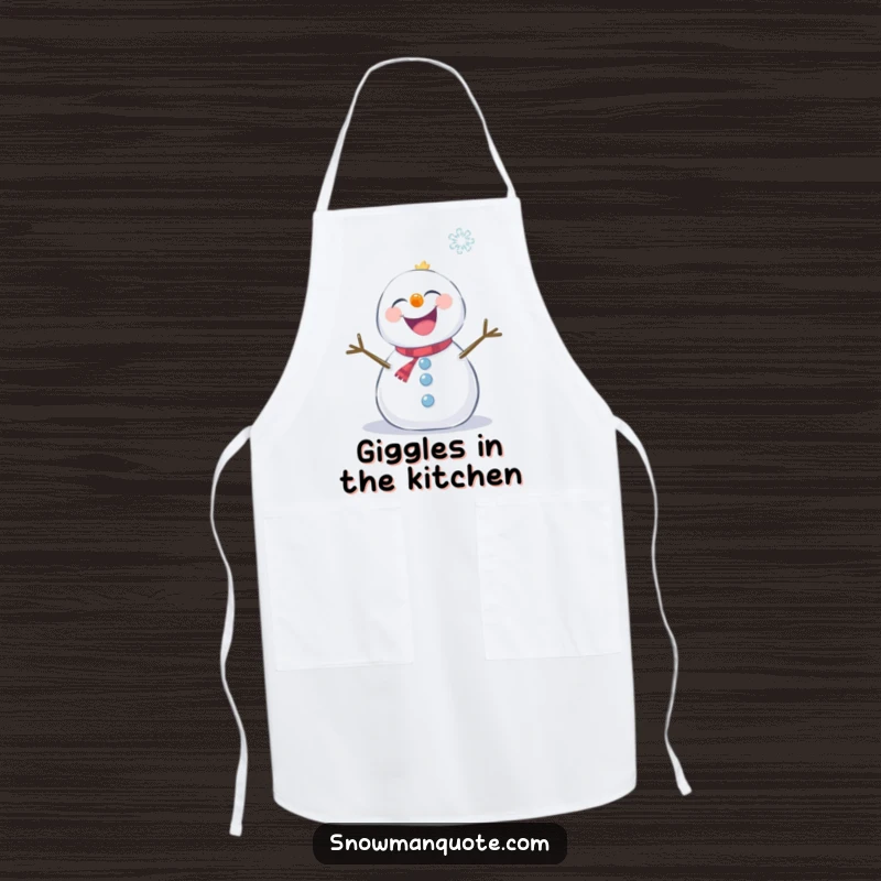 Funny snowman giggling uncontrollably as snowflakes tickle it, featured on a practical and humorous apron.
