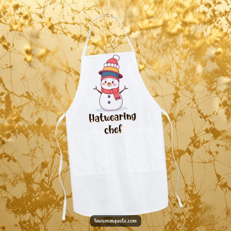 Funny apron depicting a wobbly snowman attempting to balance a tall stack of hats. Ideal for cooks who appreciate humor in the kitchen.