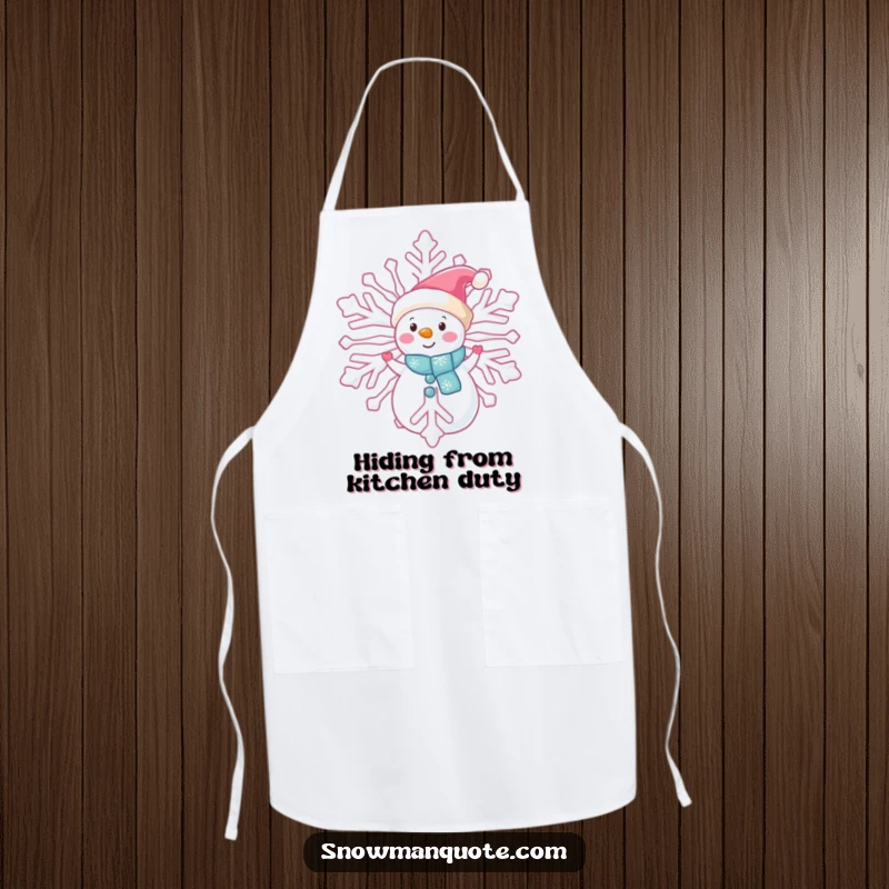Funny snowman peeking apron, shyly observing from behind a giant snowflake, perfect for hilarious kitchen adventures, gift.