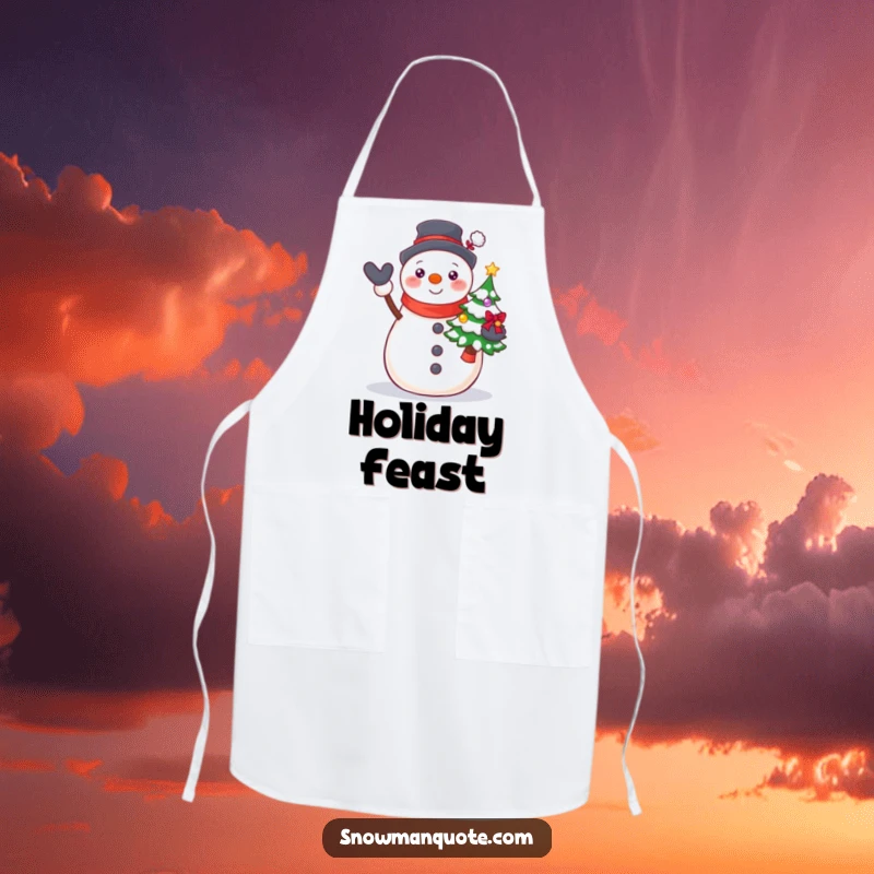 Funny Proud Snowman Tree Apron showing a beaming snowman proudly presenting a small, decorated Christmas tree.