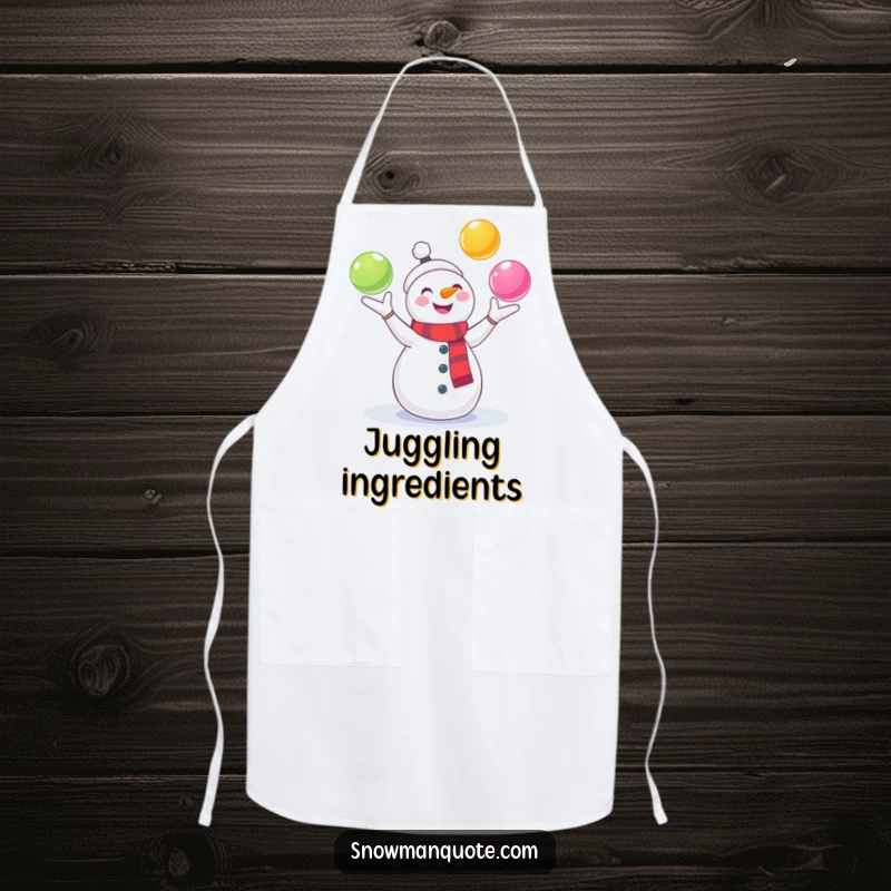 Funny Snowman Apron: A cheerful snowman juggles colorful snowballs, making kitchen tasks more fun and joyful. A humorous and practical accessory.