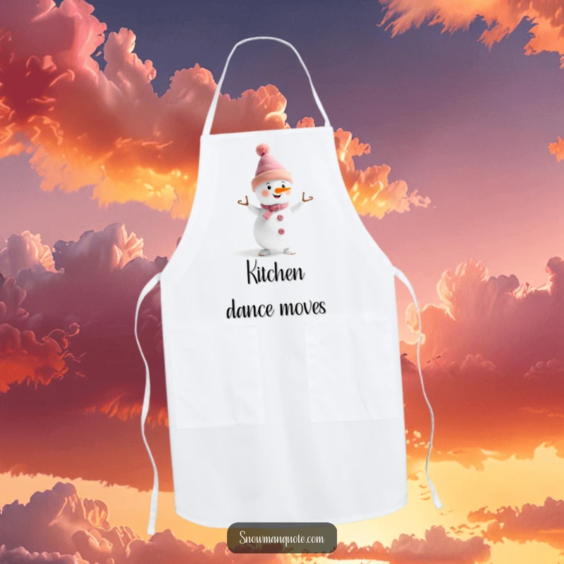 Funny snowman wearing a funny hat, doing a little dance, featured on a kitchen apron, perfect for cooking with rhythm.
