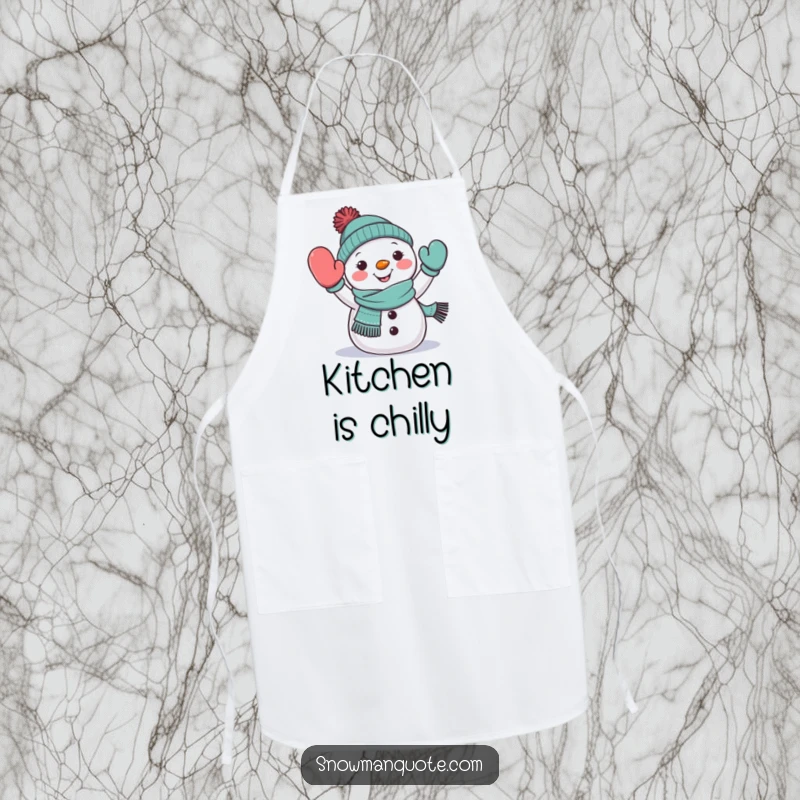 Funny snowman waving apron, wearing a scarf, cheerfully extending a mitten, perfect for hilarious kitchen greetings, gift.