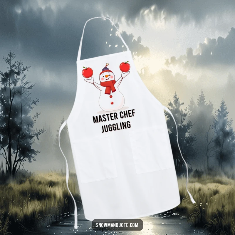 Funny snowman skillfully juggling three bright red apples, featured on a practical and humorous apron.