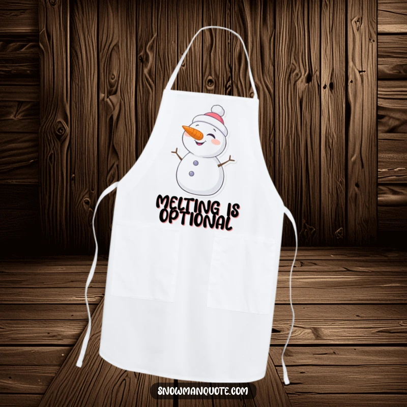 Funny kitchen apron adorned with a cute snowman winking playfully, its carrot nose brightly visible, ready for culinary fun.