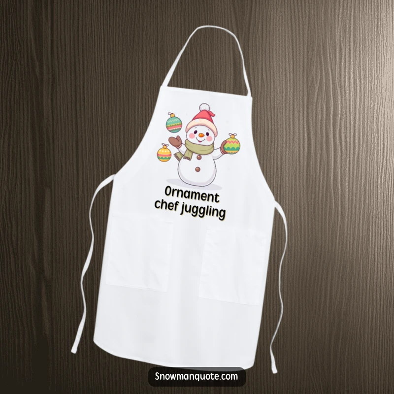 Funny snowman apron showing a hopeful snowman juggling ornaments, perfect for holiday baking and adding a touch of humorous charm.