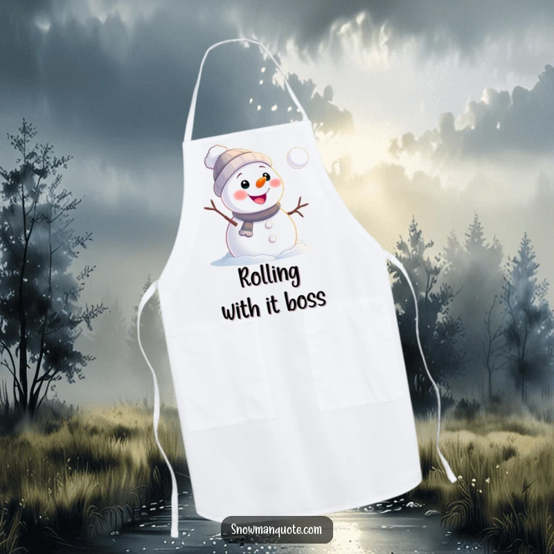 Funny snowman apron showing a cheerful snowman watching a snowball roll away, perfect for kitchen tasks and adding humorous flair.