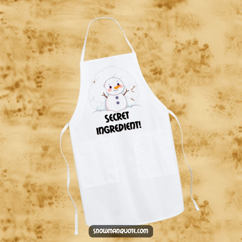 Funny snowman joyfully peeking from behind a snowy bush, featured on a practical and humorous apron.