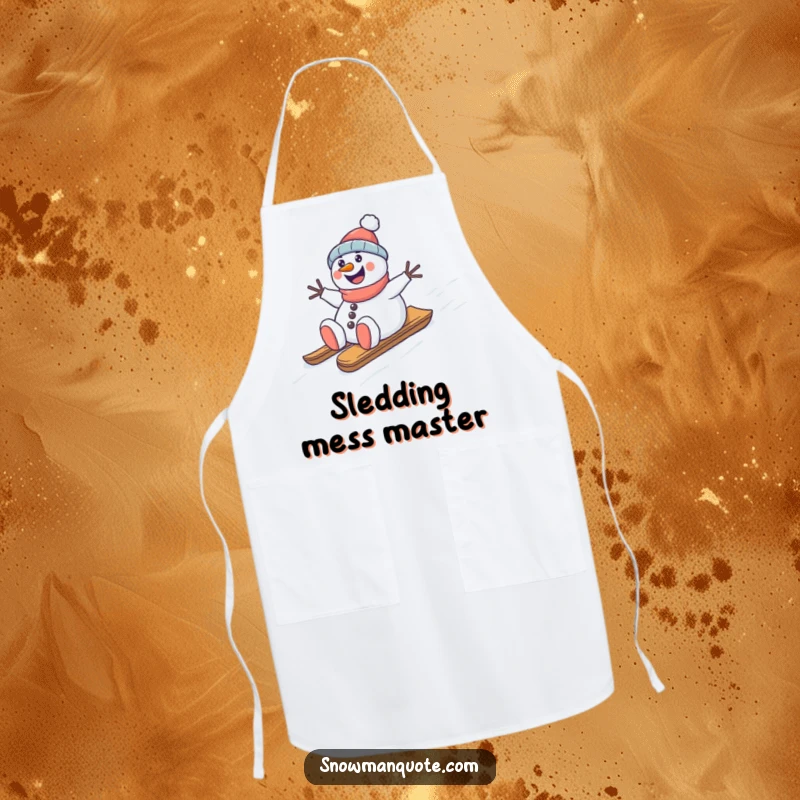 Funny snowman sledding apron, happily riding a sled down a snowy hill, perfect for hilarious kitchen adventures, gift.