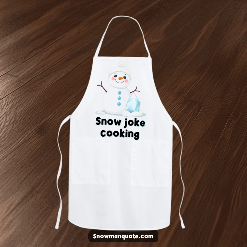 Funny snowman apron showing a smiling snowman beside a mini ice sculpture, perfect for keeping clothes clean while cooking.