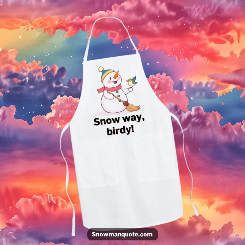 Funny apron depicting a happy snowman watching a bird land on its broom, adding humor to cooking and baking.