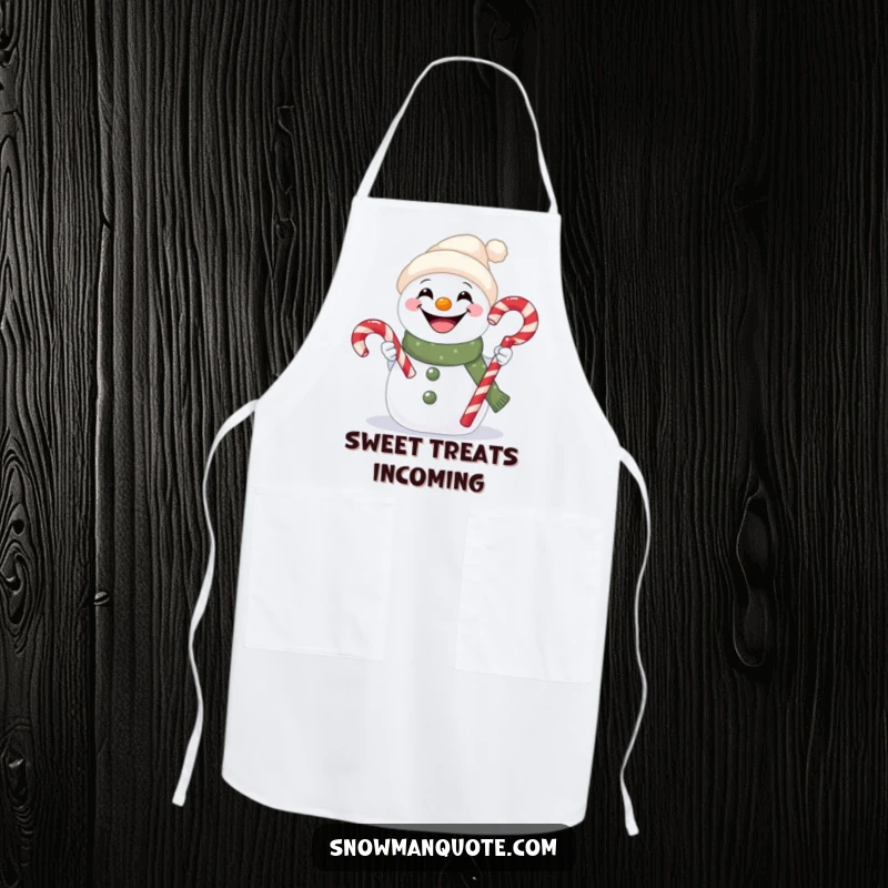 Funny apron with a cheerful snowman holding out a delicious candy cane, perfect for holiday baking.