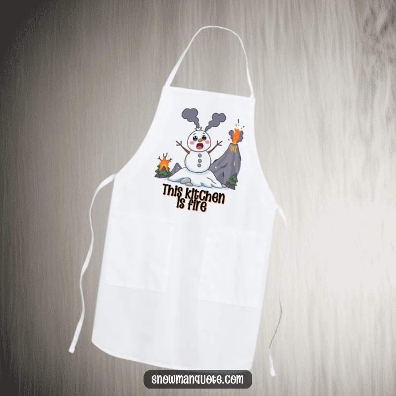Funny snowman apron, surprised by an erupting volcano, leaping out with dramatic flair, humorous kitchen attire.