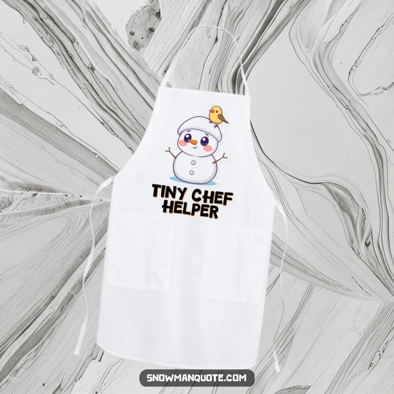 Funny Snowman Apron: A surprised snowman with round eyes notices a tiny bird perched on its hat, adding humor to your kitchen attire.