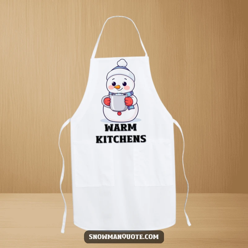 Funny kitchen apron featuring a welcoming snowman with a warm smile, offering a steaming mug, perfect for cozy cooking.