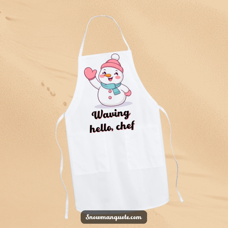 Funny chef's apron showcasing a cheerful snowman waving hello with its mitten, ready for kitchen greetings.