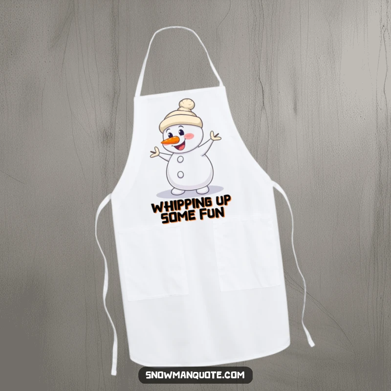 Funny Snowman Apron: A snowman wears an apron, dancing with its carrot nose crooked.