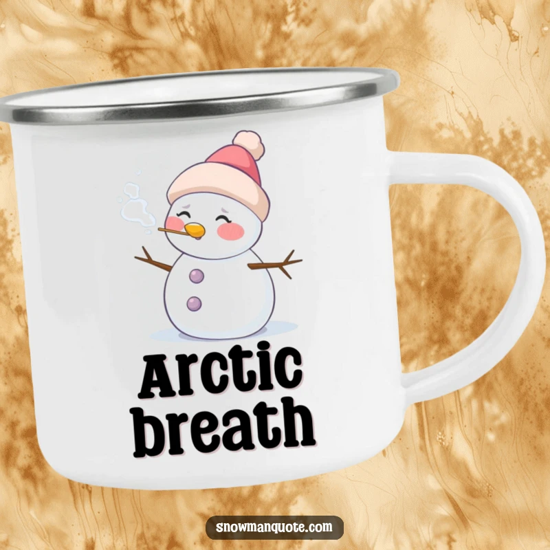 Funny camping mug of a rosy-cheeked snowman blowing frosty air, perfect for enjoying drinks in the great outdoors.