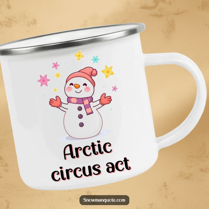 Funny enamel camping mug featuring a smiling snowman juggling colorful snowflakes, ideal for outdoor winter cheer.